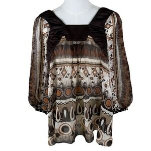 BCBGeneration Blouse Womens L Brown Geometric‎ Square Neck Balloon Sleeve 70s